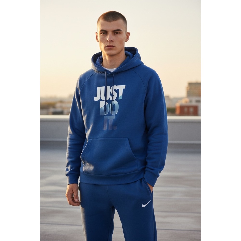 Nike Dri-FIT Mens Just Do It Hoodie Blue Graphic Training Sweatshirt Medium